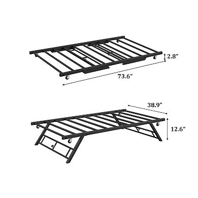 Pop-Up Metal Trundle Bed Frame,Collapsible, Lockable Casters,Space Saving for Guest Room or Daybed