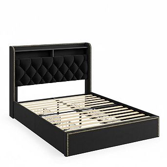Bed Frame with 5 Storage Drawers Elegant Nailhead Design,Velvet Tufted Platform Bed,Easy Assembly