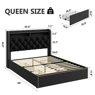 Bed Frame with 5 Storage Drawers Elegant Nailhead Design,Velvet Tufted Platform Bed,Easy Assembly