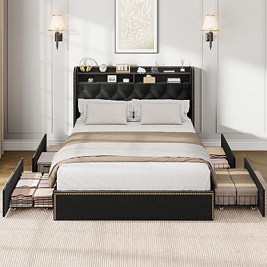 Bed Frame with 5 Storage Drawers Elegant Nailhead Design,Velvet Tufted Platform Bed,Easy Assembly