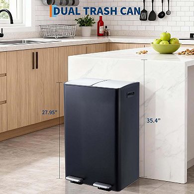 16 Gallon Dual Stainless Steel Kitchen Trash Can Soft-Close Foot Pedal Removable Inner Bucket