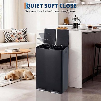 16 Gallon Dual Stainless Steel Kitchen Trash Can Soft-Close Foot Pedal Removable Inner Bucket