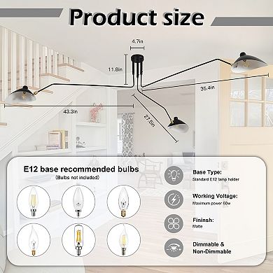 Mid-Century Modern 3-Light Black Chandelier with Adjustable Arms