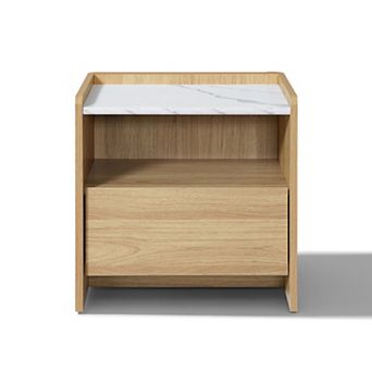 LuxenHome 23" Oak Nightstand with Faux Marble Top, Wood Bediside Table with Open Storage Shelf