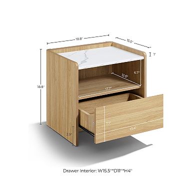 LuxenHome 23" Oak Nightstand with Faux Marble Top, Wood Bediside Table with Open Storage Shelf