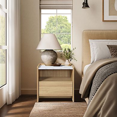 LuxenHome 23" Oak Nightstand with Faux Marble Top, Wood Bediside Table with Open Storage Shelf