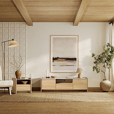 LuxenHome 23" Oak Nightstand with Faux Marble Top, Wood Bediside Table with Open Storage Shelf