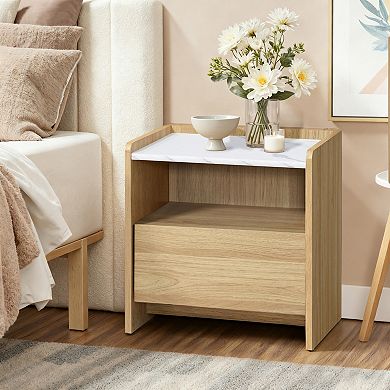 LuxenHome 23" Oak Nightstand with Faux Marble Top, Wood Bediside Table with Open Storage Shelf