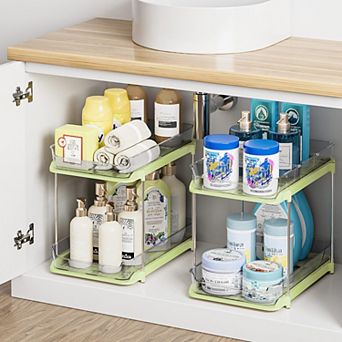 2 tier Stackable Under Sink Organizer Pull-Out Drawers Adjustable Dividers