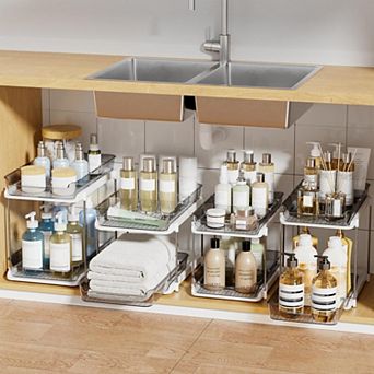 2 tier Stackable Under Sink Organizer Pull-Out Drawers Adjustable Dividers