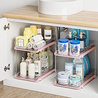 2 tier Stackable Under Sink Organizer Pull-Out Drawers Adjustable Dividers