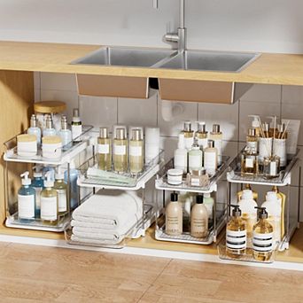 2 tier Stackable Under Sink Organizer Pull-Out Drawers Adjustable Dividers