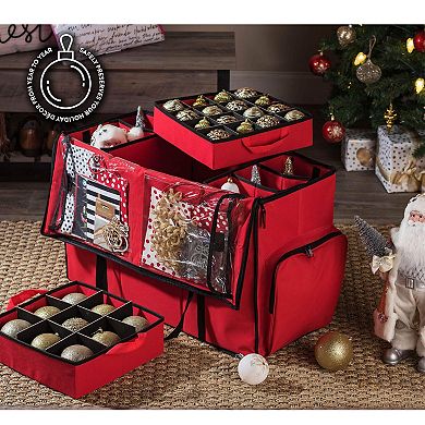 73-Slot Christmas Ornament Storage Box with Adjustable Trays & Pockets