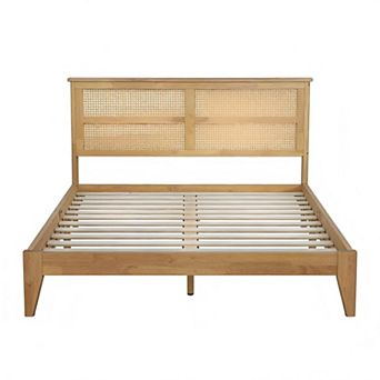 Lufeiya Queen Size Solid Wood platform Bed Frame with PE Rattan Headboard, Underbed Storage