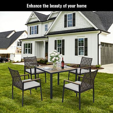 CEWOR All-Weather 5-Piece Patio Dining Set Outdoor Acacia Wood Table with 4 Wicker Chairs