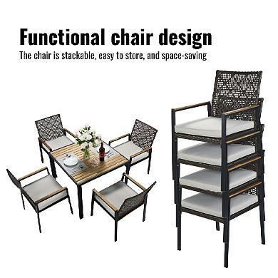 CEWOR All-Weather 5-Piece Patio Dining Set Outdoor Acacia Wood Table with 4 Wicker Chairs
