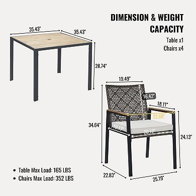 CEWOR All-Weather 5-Piece Patio Dining Set Outdoor Acacia Wood Table with 4 Wicker Chairs