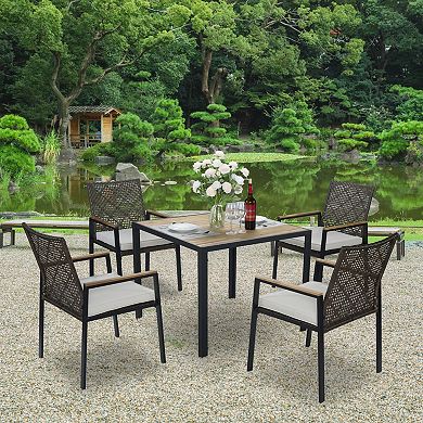 CEWOR All-Weather 5-Piece Patio Dining Set Outdoor Acacia Wood Table with 4 Wicker Chairs