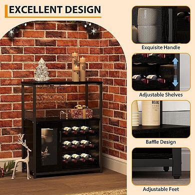 3-Tier Wine Bar Cabinet, Detachable Wine Rack & Storage Buffet
