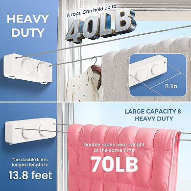 Heavy-Duty 304 Stainless Steel Retractable Clothesline 13.8ft 70lb Wall Mount