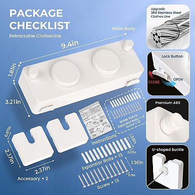 Heavy-Duty 304 Stainless Steel Retractable Clothesline 13.8ft 70lb Wall Mount