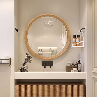 Natural Wood Round Wall Mirror 23.62" - Minimalist Solid Wood Frame, Light Oak Finish