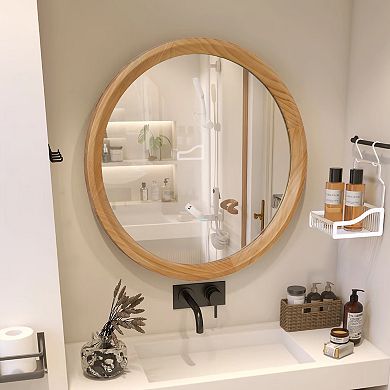 Natural Wood Round Wall Mirror 23.62" - Minimalist Solid Wood Frame, Light Oak Finish