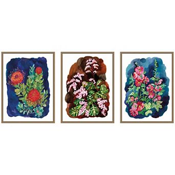Proteas in Blue & Hollyhock 3 pc Framed Canvas Wall Art Set by Lucia Gianello