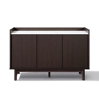 LuxenHome Modi Wenge Sideboard Cabinet with 3 Doors, Raised Sides, Faux Marble Top