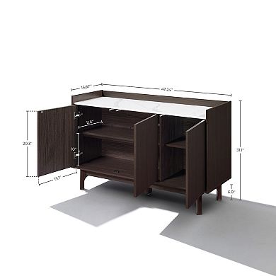 LuxenHome Modi Wenge Sideboard Cabinet with 3 Doors, Raised Sides, Faux Marble Top