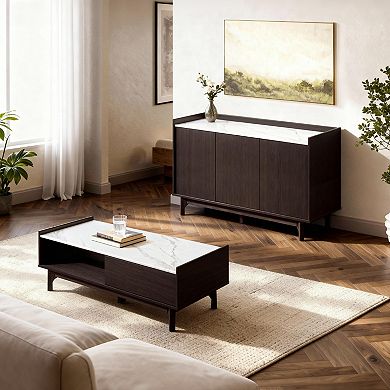 LuxenHome Modi Wenge Sideboard Cabinet with 3 Doors, Raised Sides, Faux Marble Top