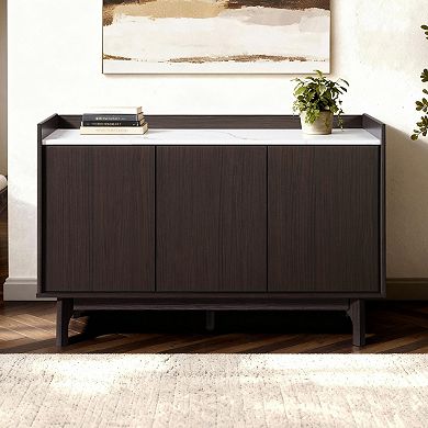 LuxenHome Modi Wenge Sideboard Cabinet with 3 Doors, Raised Sides, Faux Marble Top
