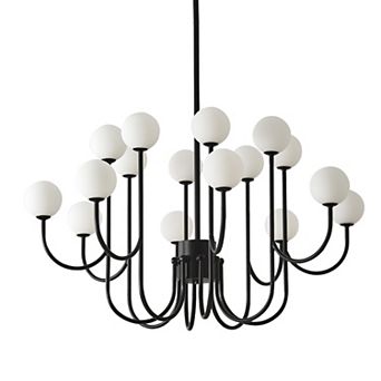 16-Light Sputnik Chandelier Black Modern Linear Pendant with Opal Glass Globes