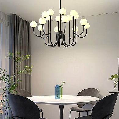 16-Light Sputnik Chandelier Black Modern Linear Pendant with Opal Glass Globes