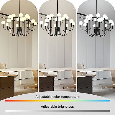 16-Light Sputnik Chandelier Black Modern Linear Pendant with Opal Glass Globes