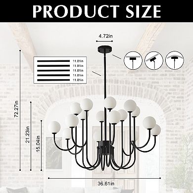 16-Light Sputnik Chandelier Black Modern Linear Pendant with Opal Glass Globes