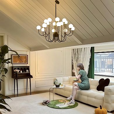 16-Light Sputnik Chandelier Black Modern Linear Pendant with Opal Glass Globes