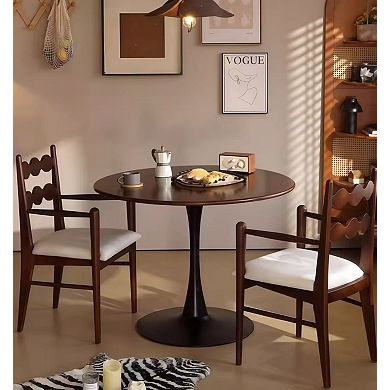 Light Luxury Walnut Wood Round Table 24-Inch MDF Tulip Steel Base Dining Table
