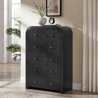 48" Tall Fluted 5-Drawer Dresser, Modern Curved Wood Chest of Drawers Storage Organizer for Bedroom
