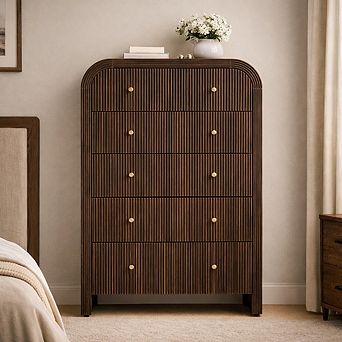 48" Tall Fluted 5-Drawer Dresser, Modern Curved Wood Chest of Drawers Storage Organizer for Bedroom
