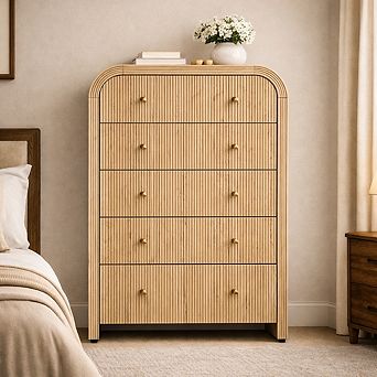 48" Tall Fluted 5-Drawer Dresser, Modern Curved Wood Chest of Drawers Storage Organizer for Bedroom
