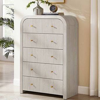 48" Tall Fluted 5-Drawer Dresser, Modern Curved Wood Chest of Drawers Storage Organizer for Bedroom