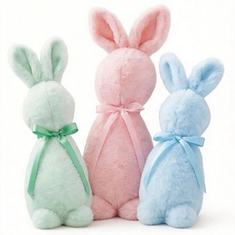 3 pc Easter Bunny Throw Pillow Flocked Figurine Bow Tie Spring Plush Decor