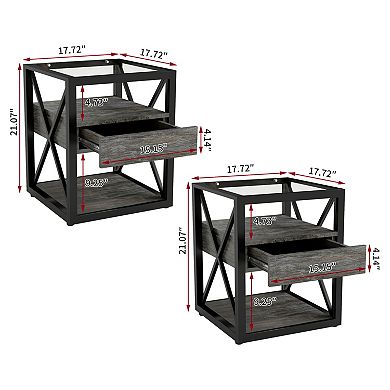 3-Tier Storage Side Table End Table with Drawer, Small Space Sofa Side Table with Tempered Glass Top