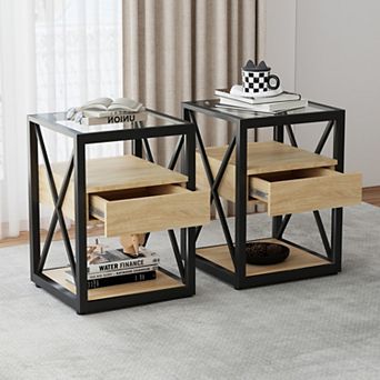 3 tier Storage Side Table End Table with Drawer, Small Space Sofa Side Table with Tempered Glass Top