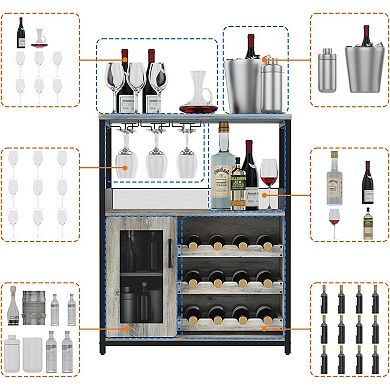 3-Tier Home Bar Cabinet with Adjustable LED Lighting, 12-Bottle Wine Rack & 9-Glass Holder