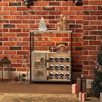 3-Tier Home Bar Cabinet with Adjustable LED Lighting, 12-Bottle Wine Rack & 9-Glass Holder