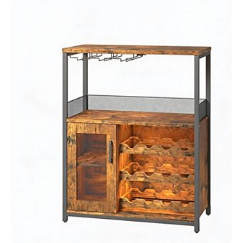 3 tier Home Bar Cabinet with Adjustable LED Lighting, 12-Bottle Wine Rack & 9-Glass Holder