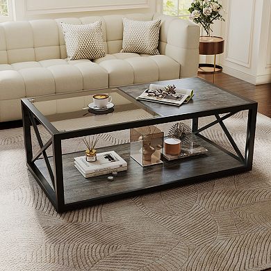 CEWOR 2-Tier Coffee Table，Tempered Glass & MDF Composite Top,for Small Spaces, Easy Assembly