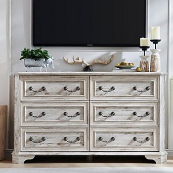 54" Farmhouse 6-Drawer Dresser, Rustic Wood Chest with Vintage Handles for Bedroom